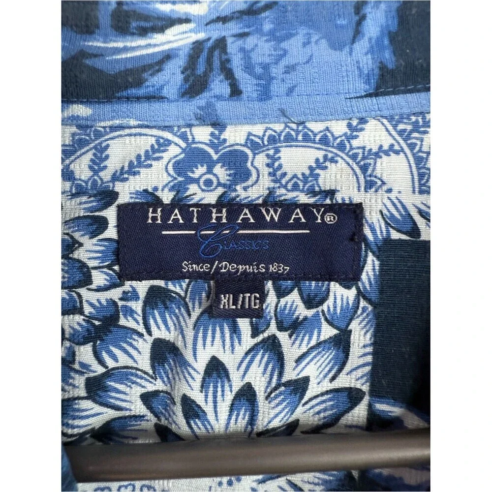 Hathaway shirt tropical palm Blue Patchwork Floral Short-Sleeve Button Down